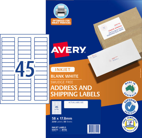 Avery White Address and Shipping Inkjet Labels J8156 50 Pack 58 x 17.8mm 45UP