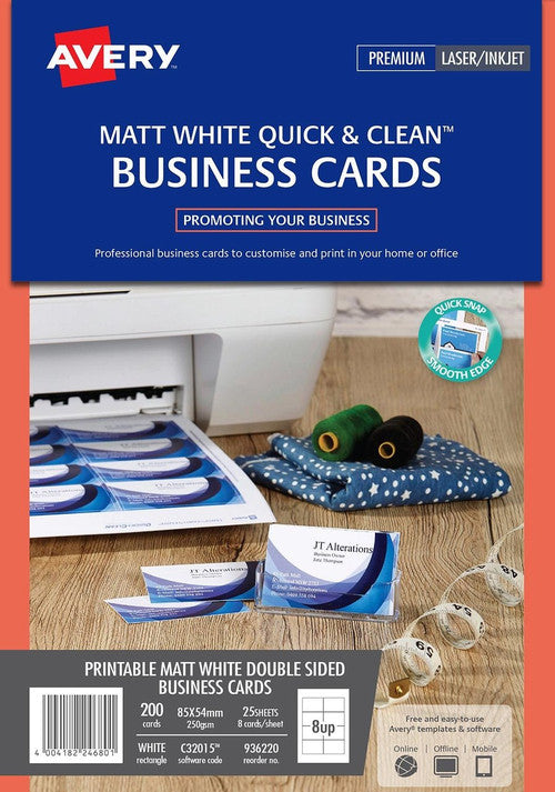 Avery White Quick and Clean Double Sided Inkjet Business Card Matt 250gsm 8UP