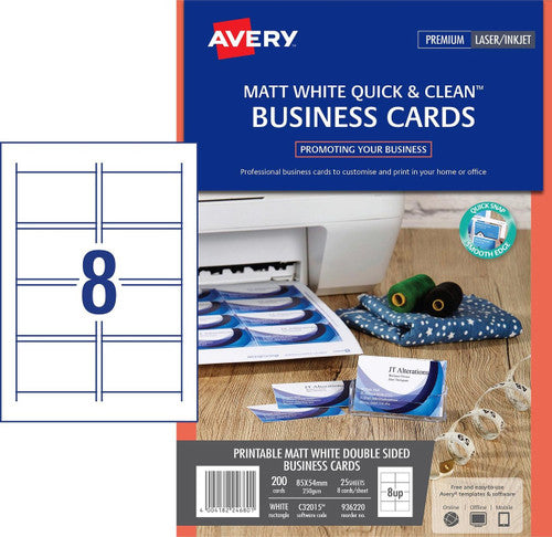 Avery White Quick and Clean Double Sided Inkjet Business Card Matt 250gsm 8UP