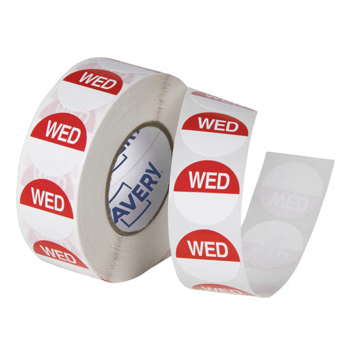 Avery Wednesday Day Labels 24mm Removable Red White 1000 Labels