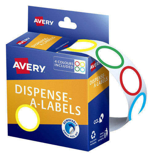 Avery Multi Coloured Rings Dispenser Labels Circle 24mm 300 Pack