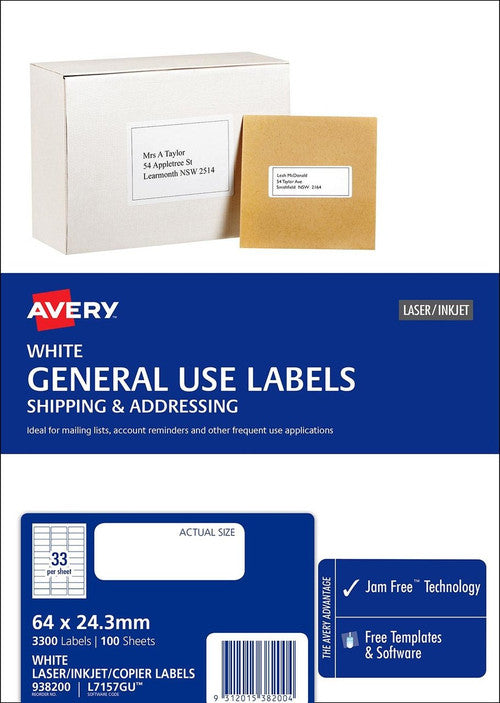 Avery White General Use Labels L7157GU 3300 Labels 33UP
