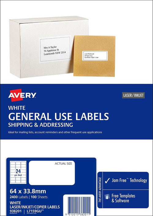 Avery White General Use Labels L7159GU 2400 Labels 24UP