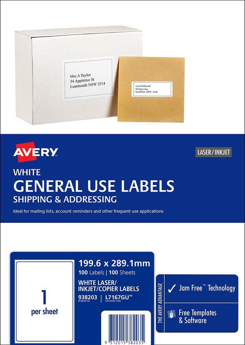Avery White General Use Labels L7167GU 100 Labels 1UP