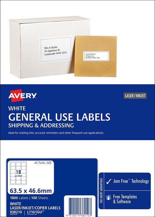 Avery White General Use Labels L7161GU 2400 Labels 18UP