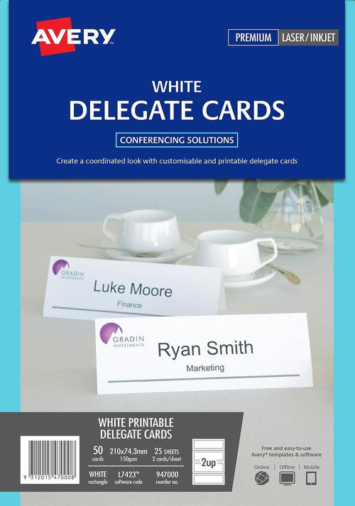 Avery Delegate Cards Laser Embossed 2/Sht 210 x 74.25mm 150gsm Pack 25 2UP