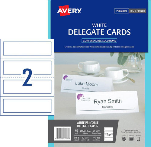 Avery Delegate Cards Laser Embossed 2/Sht 210 x 74.25mm 150gsm Pack 25 2UP