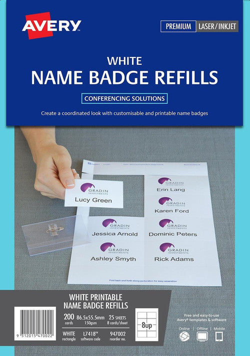 Avery L7418 Name Badge Card Refills Inkjet/Laser White 150gsm 8 per Sheet 86.5 x 55.5mm Pack 200 8UP