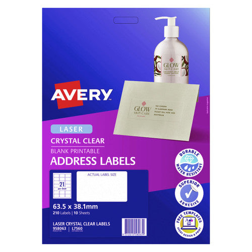 Avery Crystal Clear Address Labels L7560 10 Pack 63.5 x 38.1mm 21UP