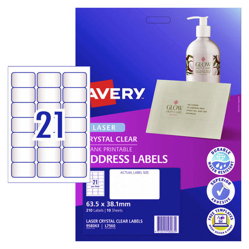 Avery Crystal Clear Address Labels L7560 10 Pack 63.5 x 38.1mm 21UP