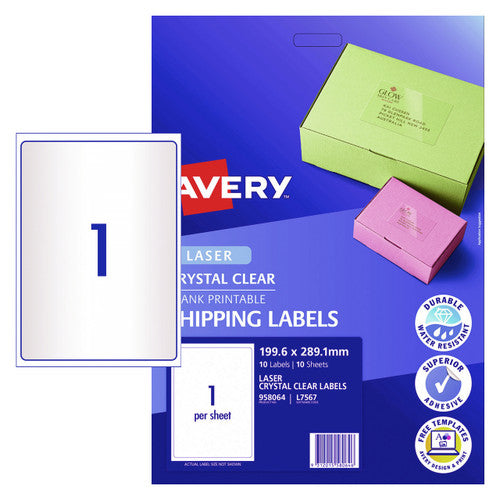 Avery Crystal Clear Shipping Labels L7567 10 Pack 199.6 x 289.1mm 1UP