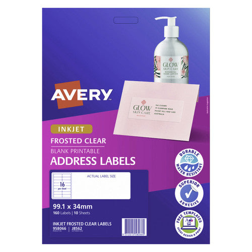 Avery Frosted Clear Address Labels J8562 10 Pack 99.1 x 34mm 16UP
