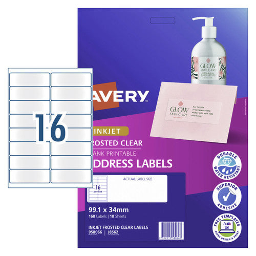 Avery Frosted Clear Address Labels J8562 10 Pack 99.1 x 34mm 16UP