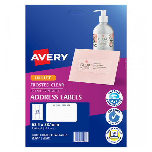 Avery Frosted Clear Address Labels J8560 10 Pack 63.5 x 38.1mm 21UP