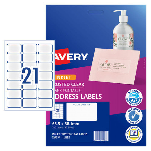 Avery Frosted Clear Address Labels J8560 10 Pack 63.5 x 38.1mm 21UP
