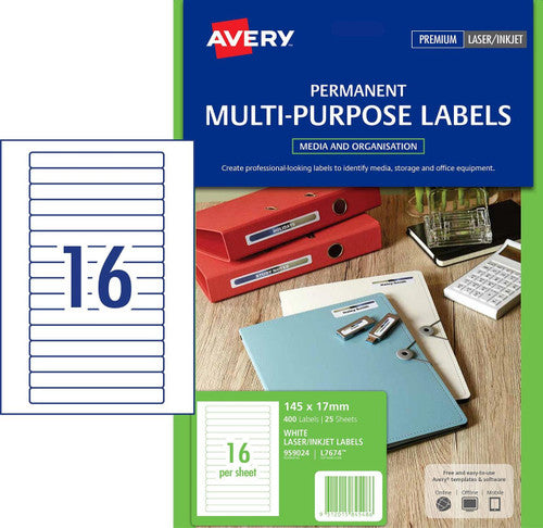 Avery White Video Spine Labels L7674 400 Pack 145 x 17mm 16UP