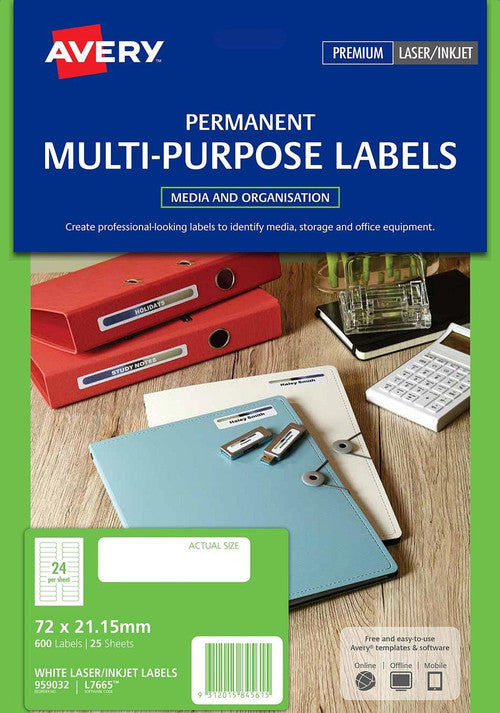 Avery White Mini Data Labels L7665 600 Pack 72 x 21.15mm 24UP