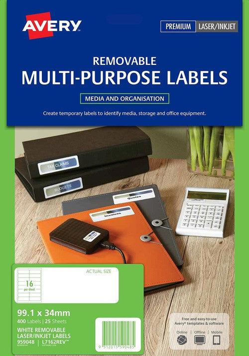 Avery White Removable Labels L7162REV 400 Pack 99.1 x 34mm 16UP