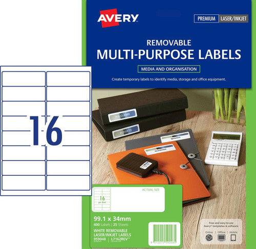 Avery White Removable Labels L7162REV 400 Pack 99.1 x 34mm 16UP