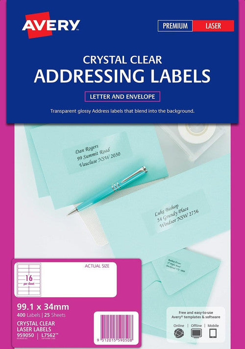 Avery Crystal Clear Address Labels L7562 400 Pack 99.1 x 34mm 16UP