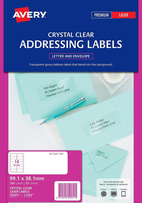 Avery Crystal Clear Address Labels L7563 350 Pack 99.1 x 38.1mm 14UP