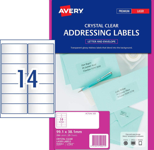 Avery Crystal Clear Address Labels L7563 350 Pack 99.1 x 38.1mm 14UP