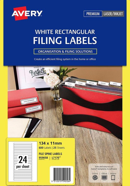 Avery White Filing Labels 134 x 11mm Laser Inkjet Permanent 600 Labels/25 Sheets 24UP
