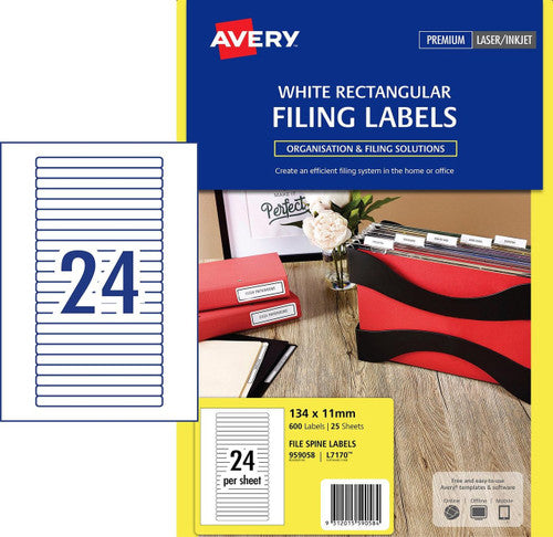 Avery White Filing Labels 134 x 11mm Laser Inkjet Permanent 600 Labels/25 Sheets 24UP