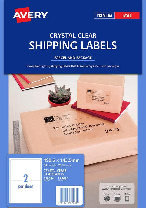 Avery Crystal Clear Shipping Labels L7566 25 Pack 199.6 x 143.5mm 2UP