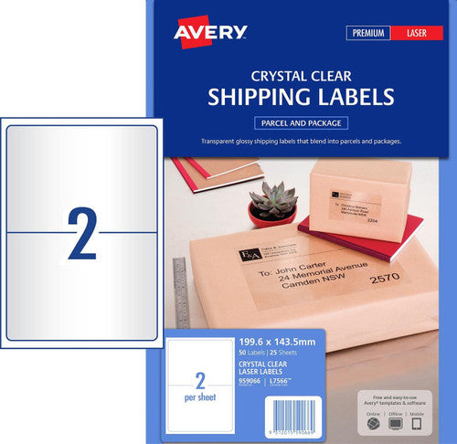 Avery Crystal Clear Shipping Labels L7566 25 Pack 199.6 x 143.5mm 2UP