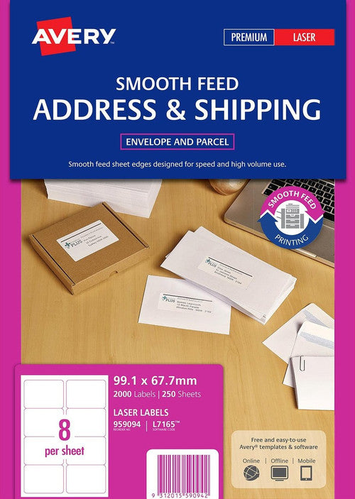 Avery White TrueBlock Shipping Labels L7165 250 Pack 99.1 x 67.7mm 8UP