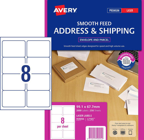 Avery White TrueBlock Shipping Labels L7165 250 Pack 99.1 x 67.7mm 8UP