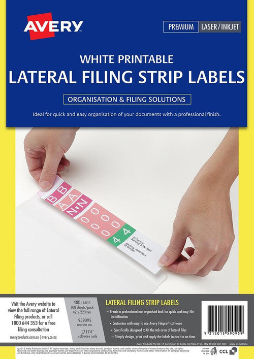 Avery White Lateral Filing Laser Auto Labels L7174 A4 100 Sheets 400 Labels 42 x 200mm