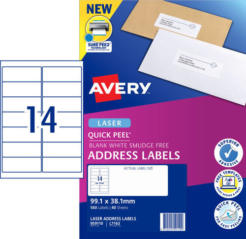 Avery Quick Peel Address Labels with Sure Feed L7163 560 Pack 99.1 x 38.1mm Laser White 14UP