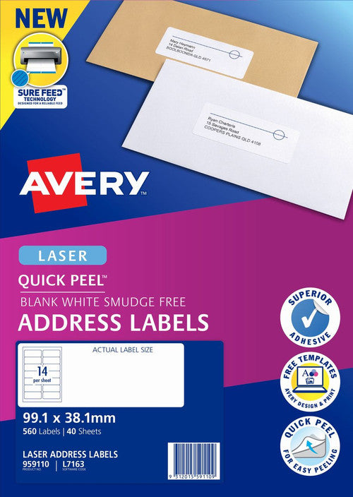 Avery Quick Peel Address Labels with Sure Feed L7163 560 Pack 99.1 x 38.1mm Laser White 14UP