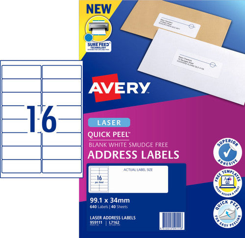 Avery Quick Peel Address Labels with Sure Feed L7162 640 Pack 99.1 x 34mm Laser White 16UP