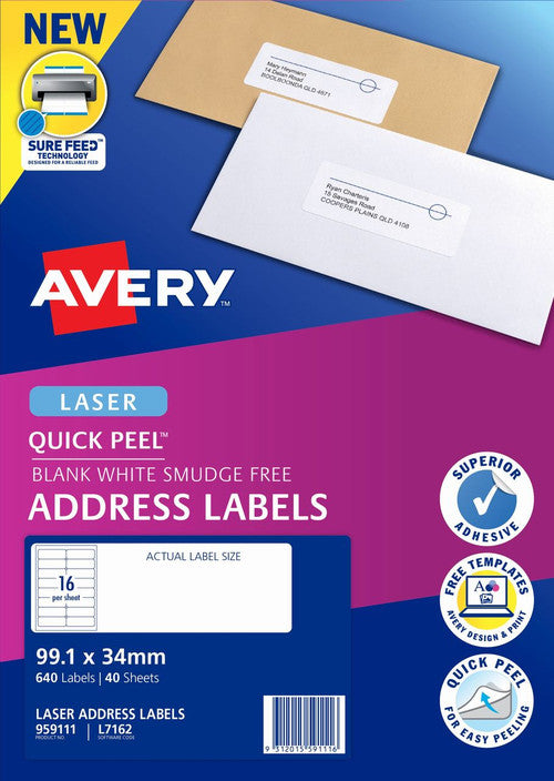 Avery Quick Peel Address Labels with Sure Feed L7162 640 Pack 99.1 x 34mm Laser White 16UP