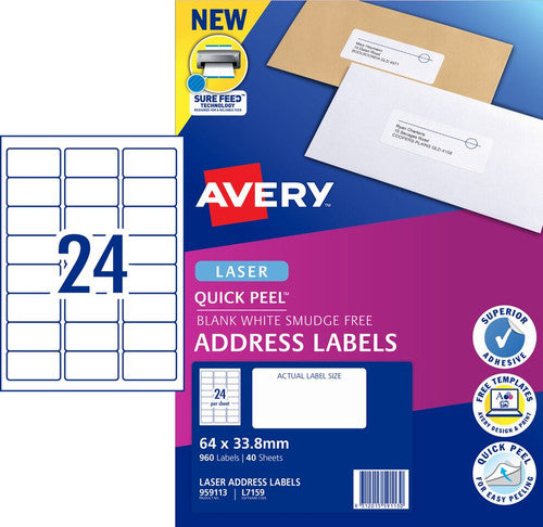 Avery Quick Peel Address Labels with Sure Feed L7159 960 Pack 64 x 33.8mm Laser White 24UP