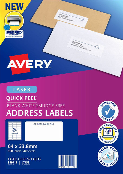 Avery Quick Peel Address Labels with Sure Feed L7159 960 Pack 64 x 33.8mm Laser White 24UP