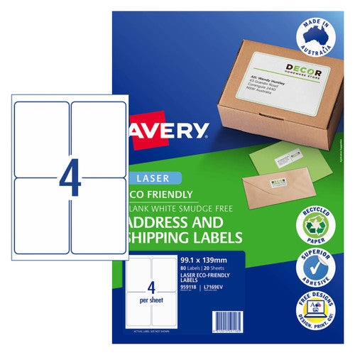 Avery White Eco Friendly Labels L7169EV 20 Pack 99.1 x 139mm 4UP