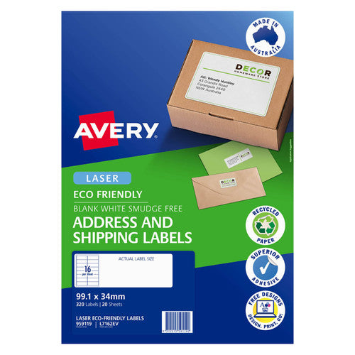 Avery White Eco Friendly Labels L7162EV 20 Pack 99.1 x 34mm 16UP