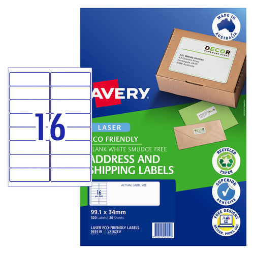Avery White Eco Friendly Labels L7162EV 20 Pack 99.1 x 34mm 16UP
