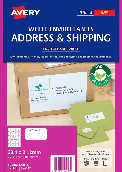 Avery White 100% Recycled Enviro Labels L7651EV 6500 Pack 38.1 x 21.2mm 65UP