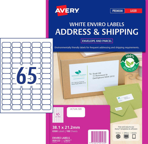 Avery White 100% Recycled Enviro Labels L7651EV 6500 Pack 38.1 x 21.2mm 65UP