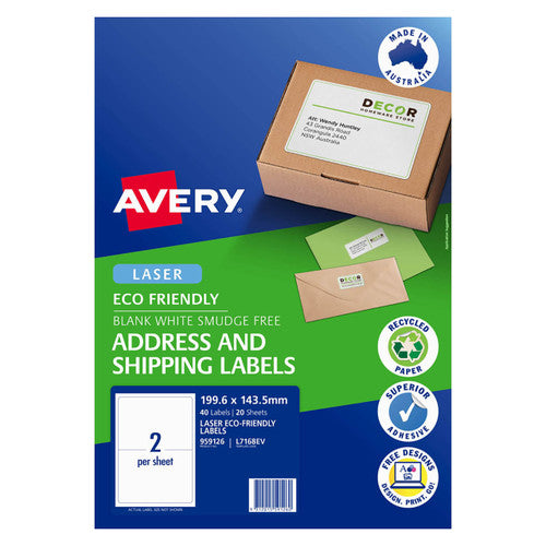 Avery White Eco Friendly Labels L7168EV 20 Pack 199.6 x 143.5mm 2UP