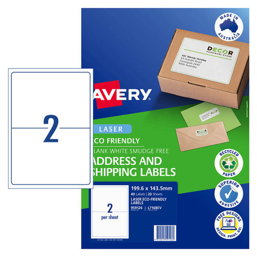 Avery White Eco Friendly Labels L7168EV 20 Pack 199.6 x 143.5mm 2UP