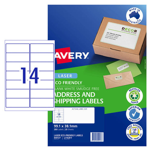 Avery White Eco Friendly Labels L7163EV 20 Pack 99.1 x 38.1mm 14UP
