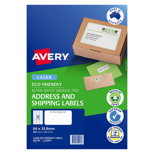 Avery White Eco Friendly Labels L7159EV 20 Pack 64 x 33.8mm 24UP