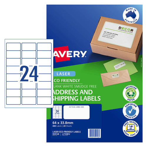 Avery White Eco Friendly Labels L7159EV 20 Pack 64 x 33.8mm 24UP