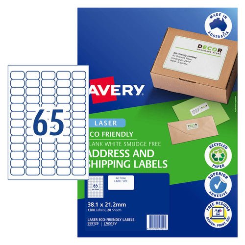 Avery White Eco Friendly Labels L7651EV 20 Pack 38.1 x 21.2mm 65UP